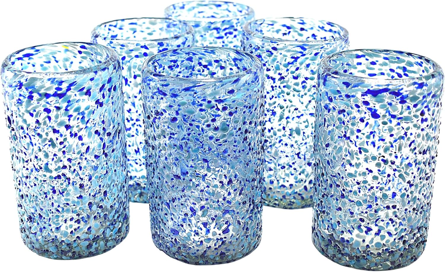 MAREY Handblown Drinking Glasses Artisan Crafted from Mexico Set of 6 pieces (Sky Blue Hail, Water 14 fl.Oz.)
