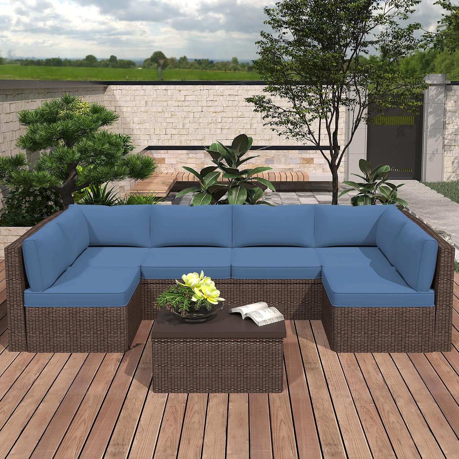 14-Piece Outdoor Replacement Cushions for Patio Furniture, Deep Seat Cushions for 6-Seat Sectional Rattan Sofa, Water-Resistant Couch Cushion Set with Non-Slip Backing, Blue