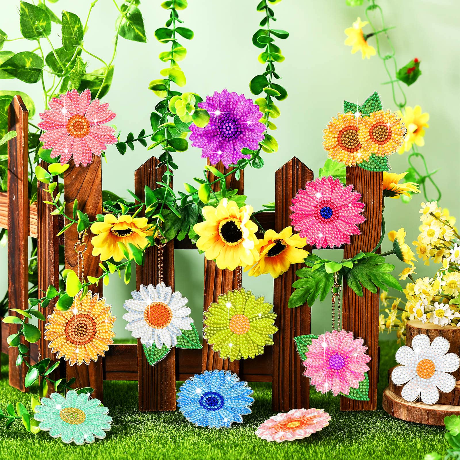 Bucherry 12 Pcs Flowers Diamond Painting Keychains 5d Spring Diamond Art Key Rings Sunflower Hanging Ornaments for DIY Craft(Rustic Style)