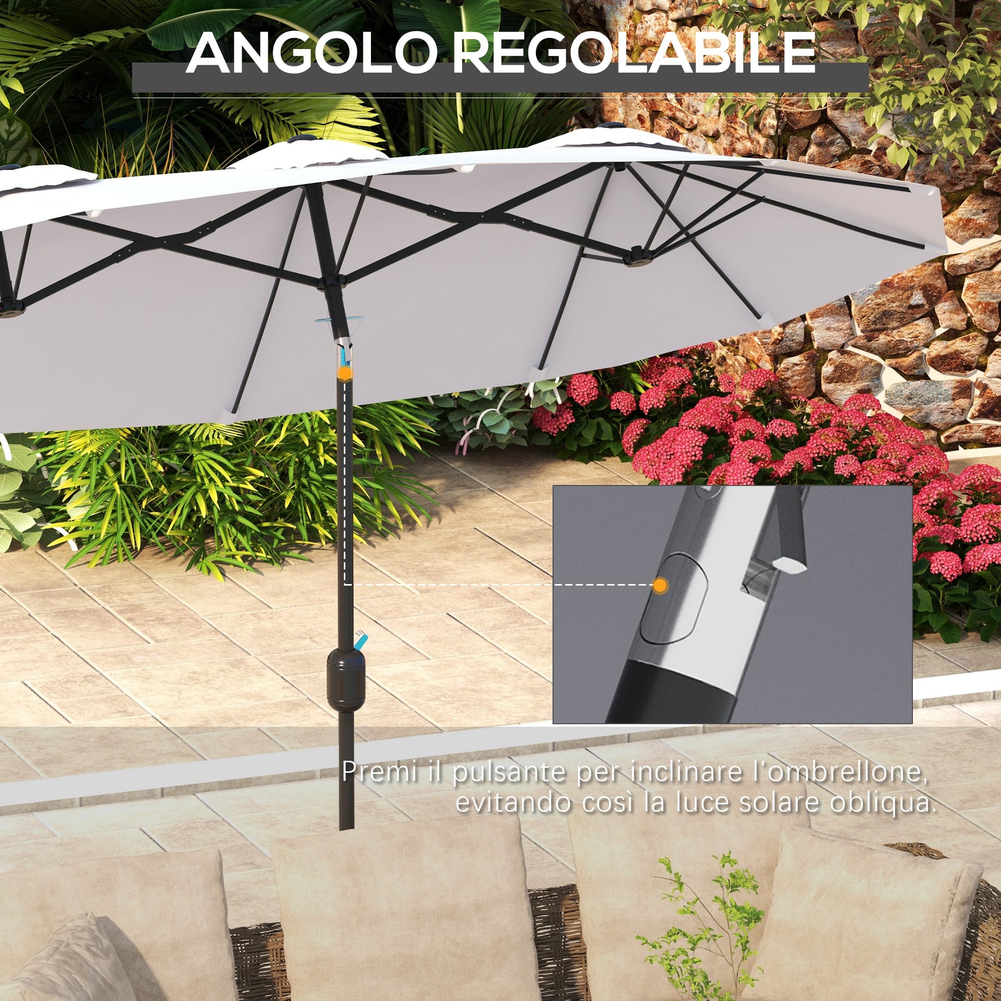 Outsunny Ombrellone da Giardino Doppio Inclinabile a 45° con Manovella e 3 Prese d'Aria, Ombrellone da Esterno in Acciaio e Poliestere, 295x152x222 cm