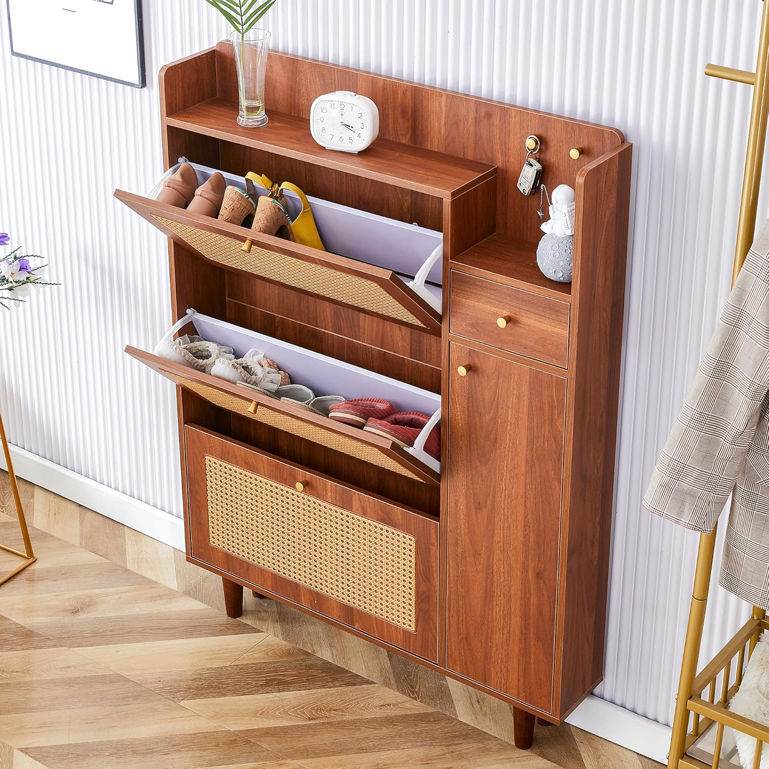 Rattan Shoe Storage Cabinet, Hidden Slim Narrow Shoe Cabinet with 3 flip Drawers and Door, Freestanding Shoe Rack with Drawer & Top Cubby for Entryway Hallway Living Room(Brown)