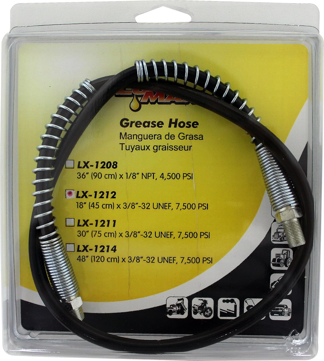 Lumax LX-1212 Black 30 inch 1/8" NPT x 3/8-32 UNEF 7500 PSI Thermoplastic Grease Hose with 2 Springs. Thermoplastic Hose with aramid fiber reinforcement.