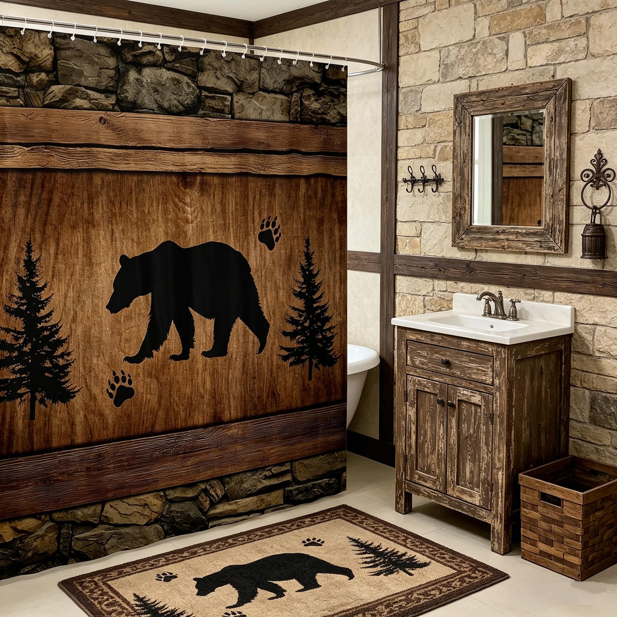Rideau de douche chasse faune Manfei lavable et imperméable au design boisé avec 12 anneaux