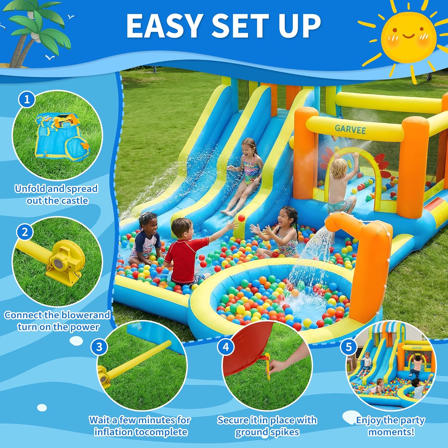 GarveeHome 16 FT Inflatable Water Slide Park, 9 in 1 Water Bounce House with Dual Slides, Water Guns, Climbing Wall, Splash Pool, Basketball Hoop, Blow Up Water Slides for Backyard Kids Outdoor