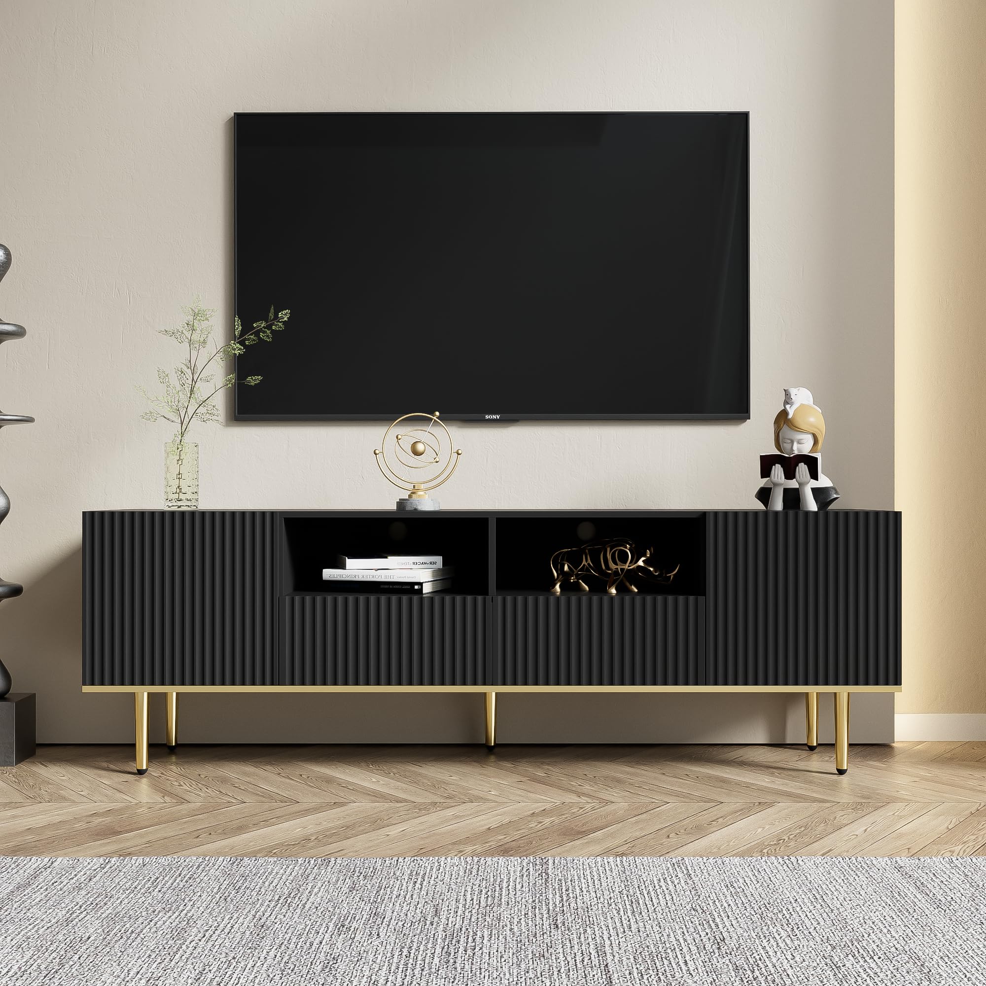 Mobile TV moderno con 2 ante 2 cassetti Ripiani aperti Mobile TV con piedini dorati e supporto TV con bordo dorato per TV fino a 70 pollici Lowboard per soggiorno nero