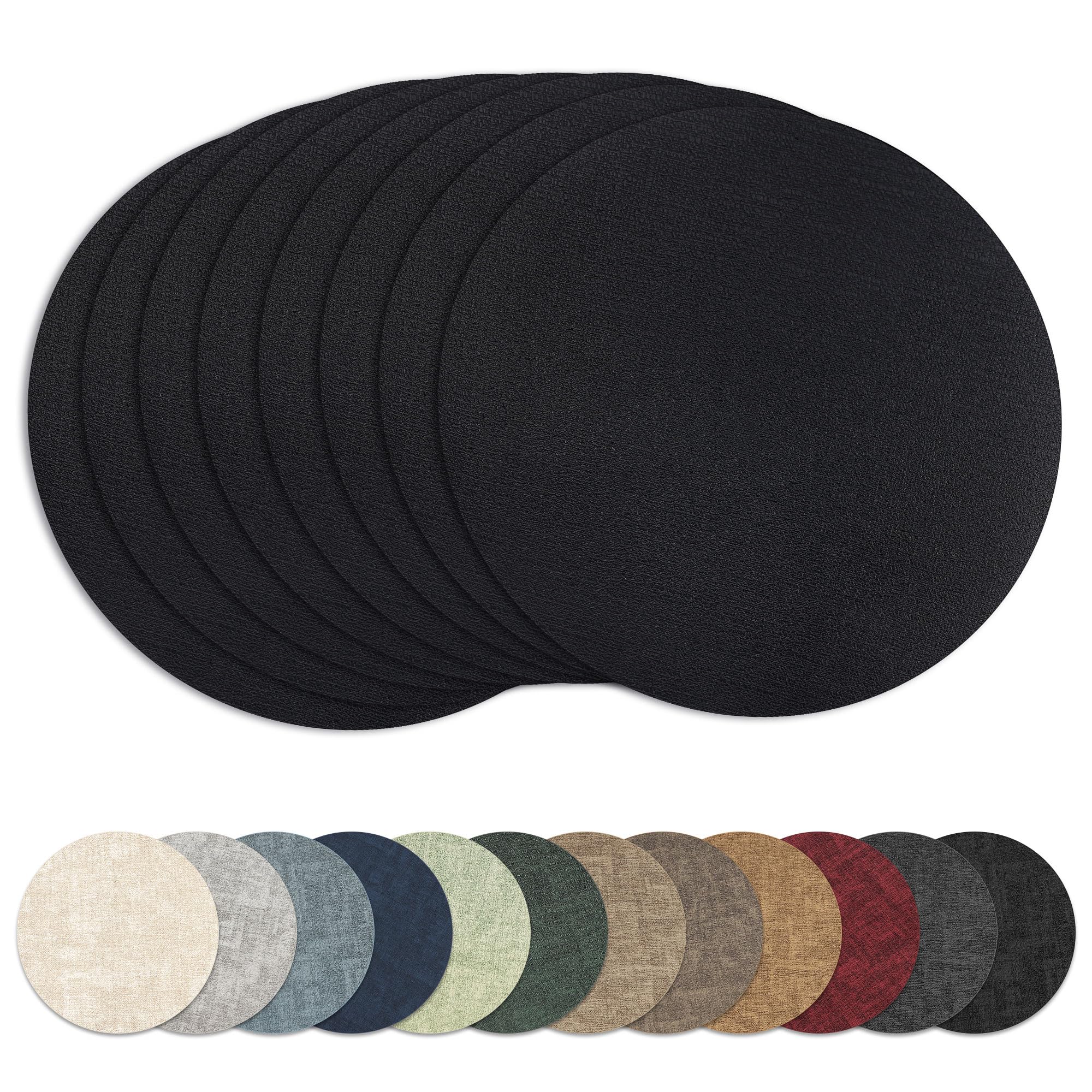 13" Round Placemats Set of 8, Reversible Faux Leather Heat Resistant Table Mats, 100% Waterproof Oilproof Wipeable Table Protective Placemats for Vinyl, Washable for Indoor (8, Black)