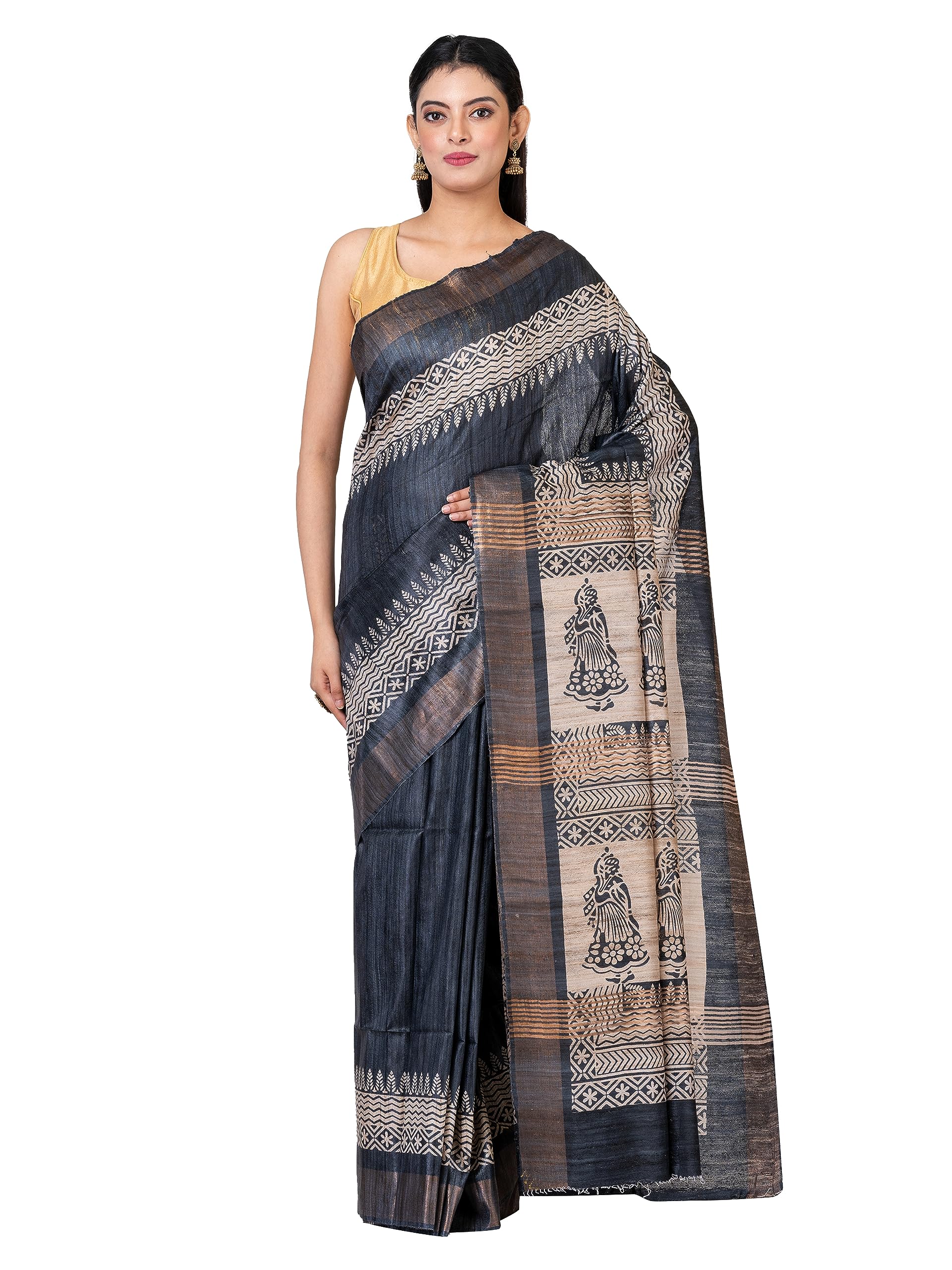 Tussar ghicha zari boader block/floral printed pure silk saree with unstich blouse and silk mark certified (BLACK)-image-0