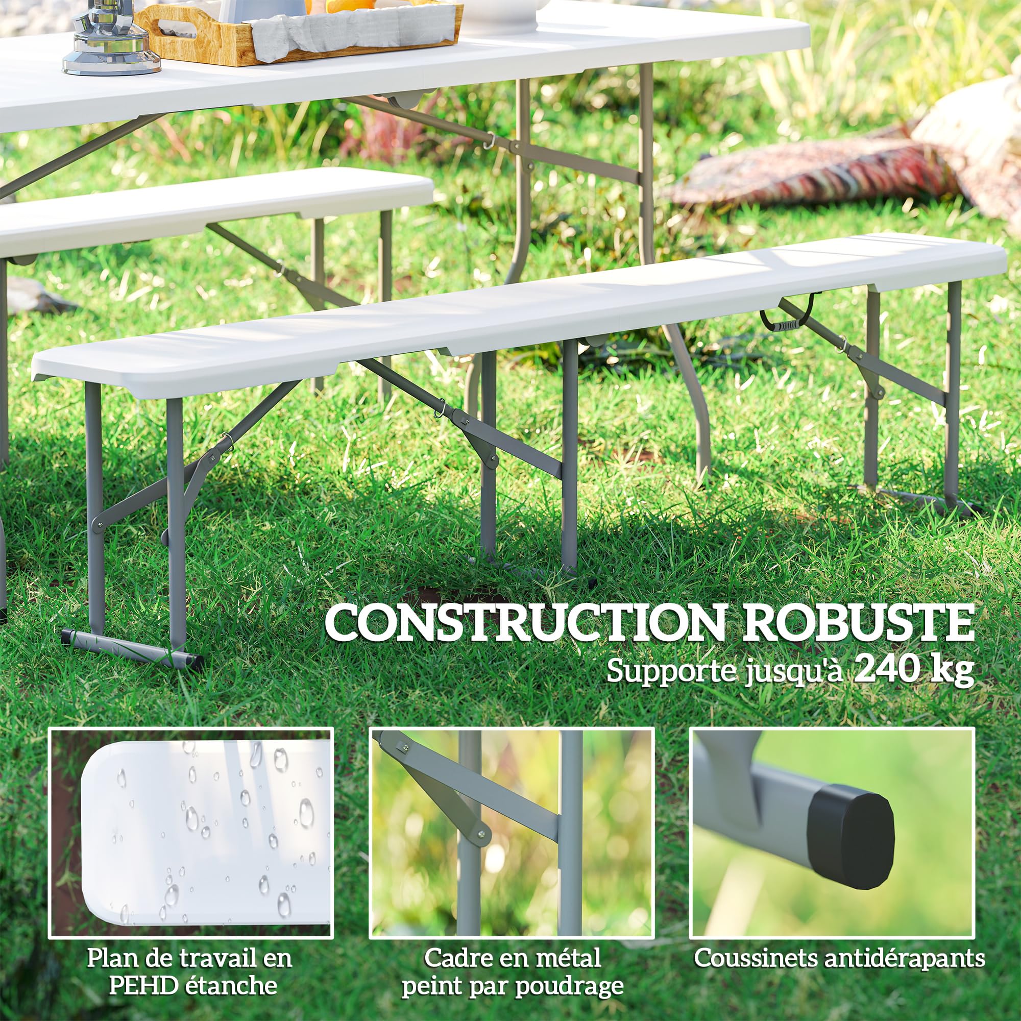Outsunny Banc de Jardin Lot de 2 bancs pliants 182 x 28 x 42 cm avec poignée de Transport en Métal et HDPE pour Camping, Fête, Pique-Nique, Blanc