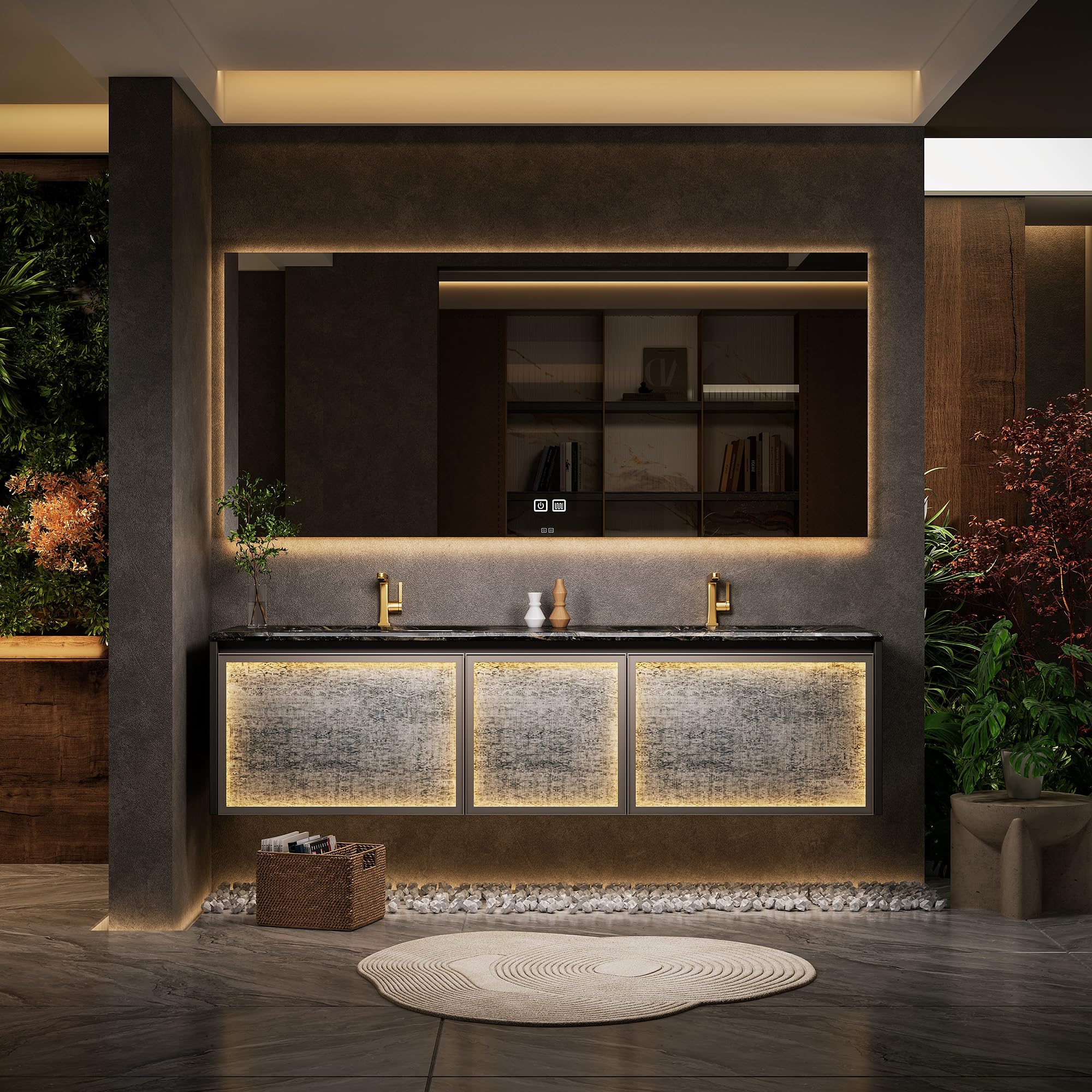 Moderno doppio lavabo da bagno con specchio LED anti-appannamento a parete galleggiante design in legno massello per la decorazione della casa e bagno Functal Sto