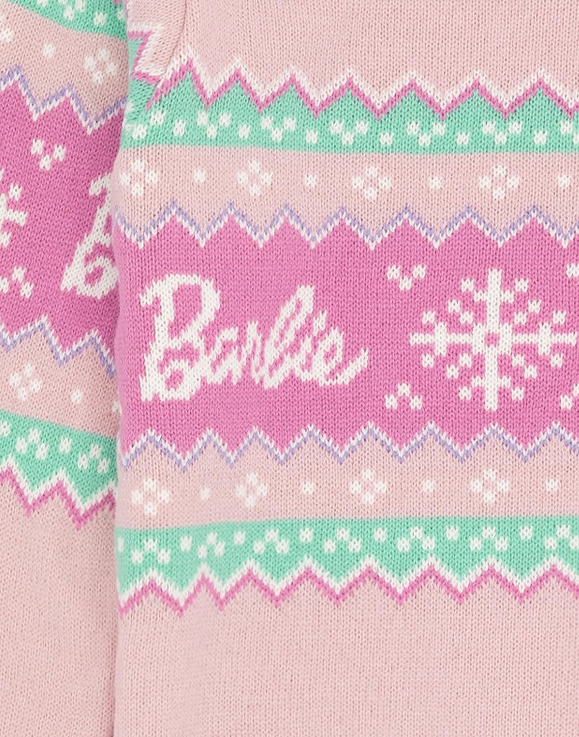 Barbie Girls Christmas Jumper Kids Dolls Logo Pink Knitted Xmas Sweater
