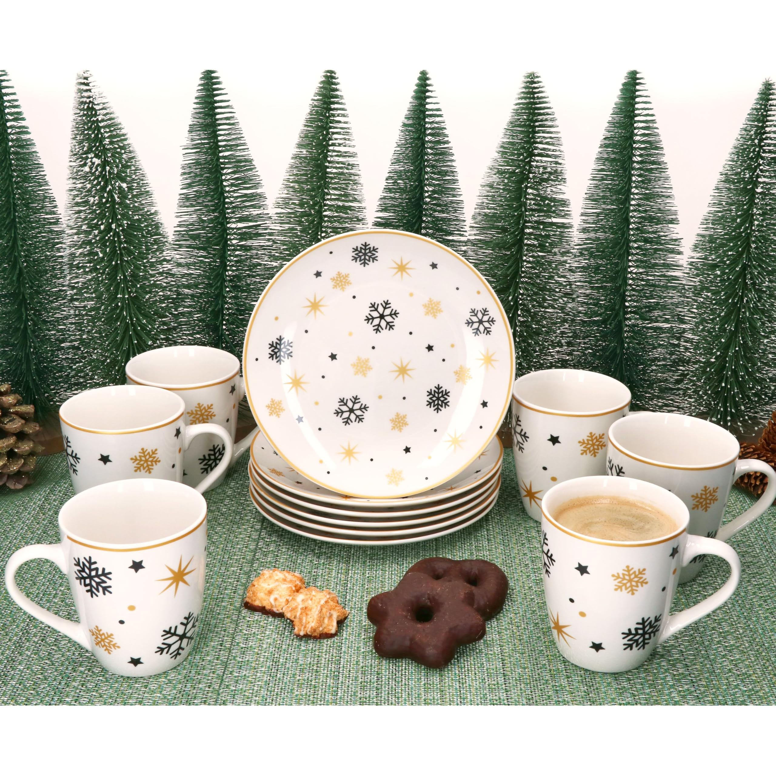 MamboCat Stars schwarz & gold 12tlg Frühstücksset I Je 6x kleine Frühstücksteller & Kaffeebecher 300ml für 6 Personen mit Sternen & Schneeflocken I Weihnachten