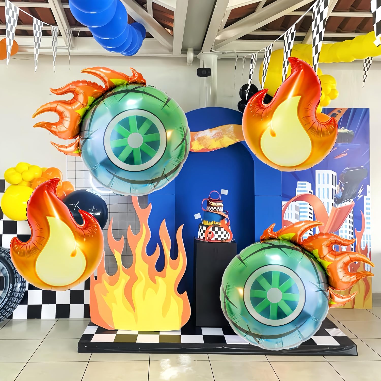 6Pcs Flame Wheel Balloons/Race Car Party Decor/Hot Rod Fire Tire Foil Balloons/Talla*dega Nights Party Decor/Speed Passion Party/Monster Truck/Fast One Two Fast Decor/Race Fans Let's Go Racing Bar