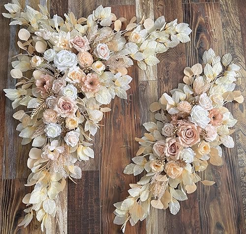 Miniatura 7 de Kit de flores para arco de boda con cortinas (paquete de 4) 2 guirnaldas artificiales beige de lujo con 2 cortinas transparentes para ceremonia de