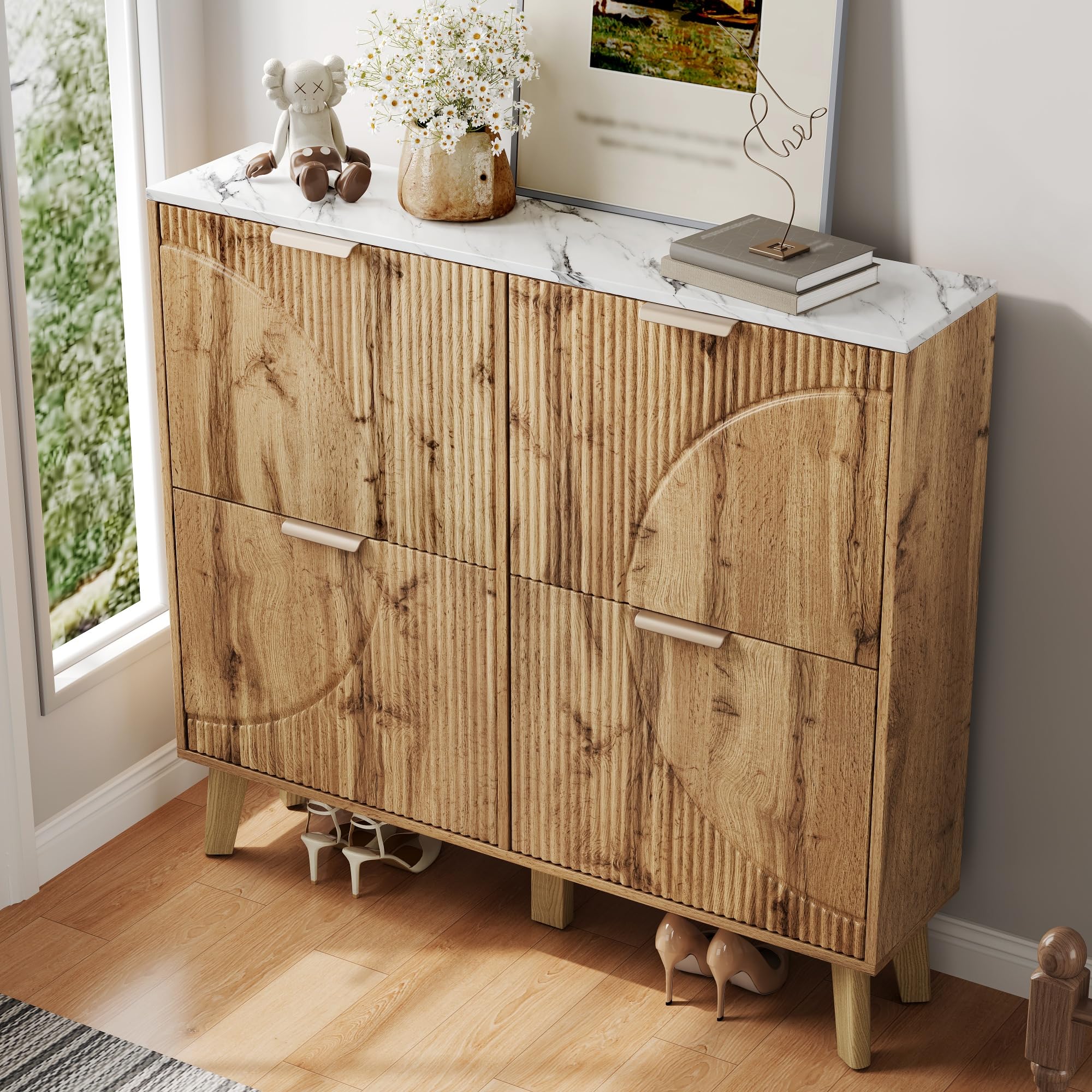 Scarpiera con coperchio incernierato effetto legno, 105 x 24 x 95,5 cm, quattro ante, piano di lavoro effetto marmo, pannelli porta in rilievo 3D, gambe coniche in legno massello, armadietto