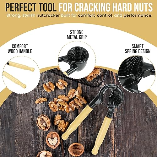 Miniatura 3 de Iconikal Cascanueces de cuerpo metálico resistente con mango de madera, negro y arce - fácil cascanueces para nueces, almendras, pecanas