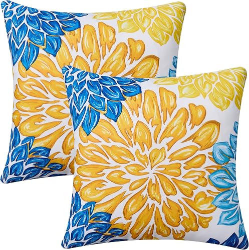 Allorry Outdoor Pillow Covers 20x20 Set of 2 Vintage Yellow Blue Flower Pattern 