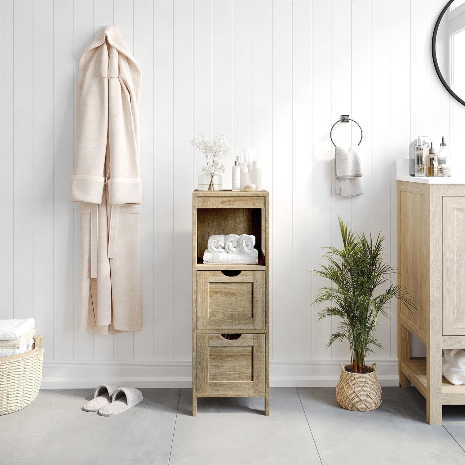 Flash Furniture Dune Farmhouse 2 Drawer Bathroom Organizer, Freestanding Cabinet with Configurable Drawers, U-Shaped Cutout Drawer Pulls, Open Display Shelf, Brown