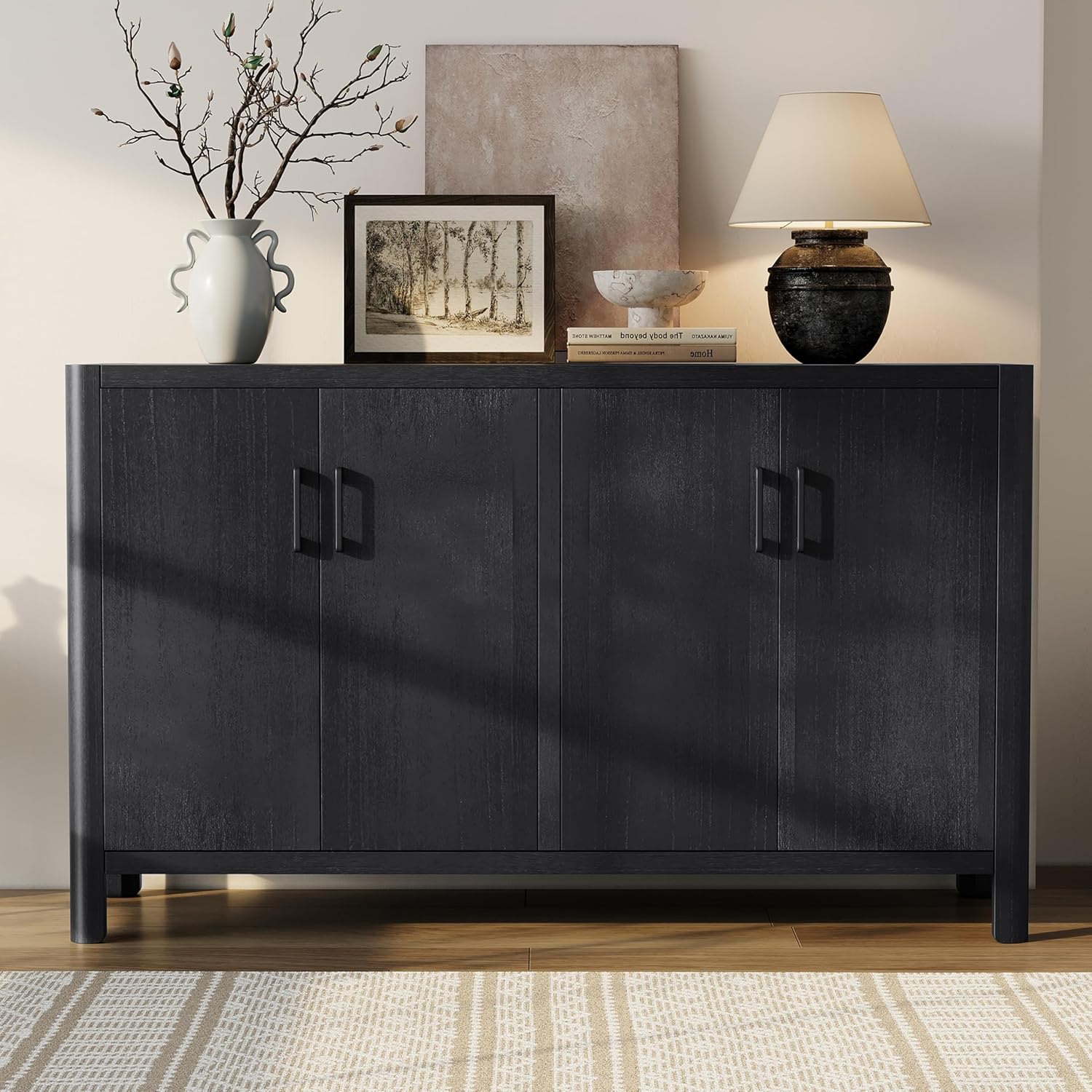 Farmhouse Style 4-Door Cabinet with Natural Finish, A Rustic Accent Sideboard for Entryways or Small Spaces, Black