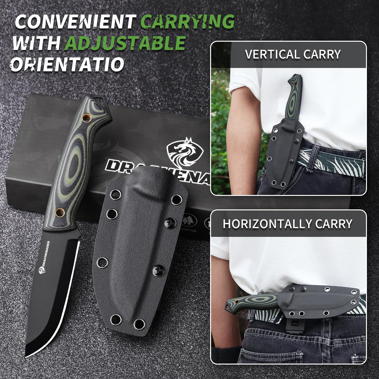 DRACHENADER Cuchillo de Supervivencia AQUILA-X, hoja 10,7 cm, Full Tang, acero inoxidable D2, con funda Kydex para cinturón, hoja negra y mango G10 verde