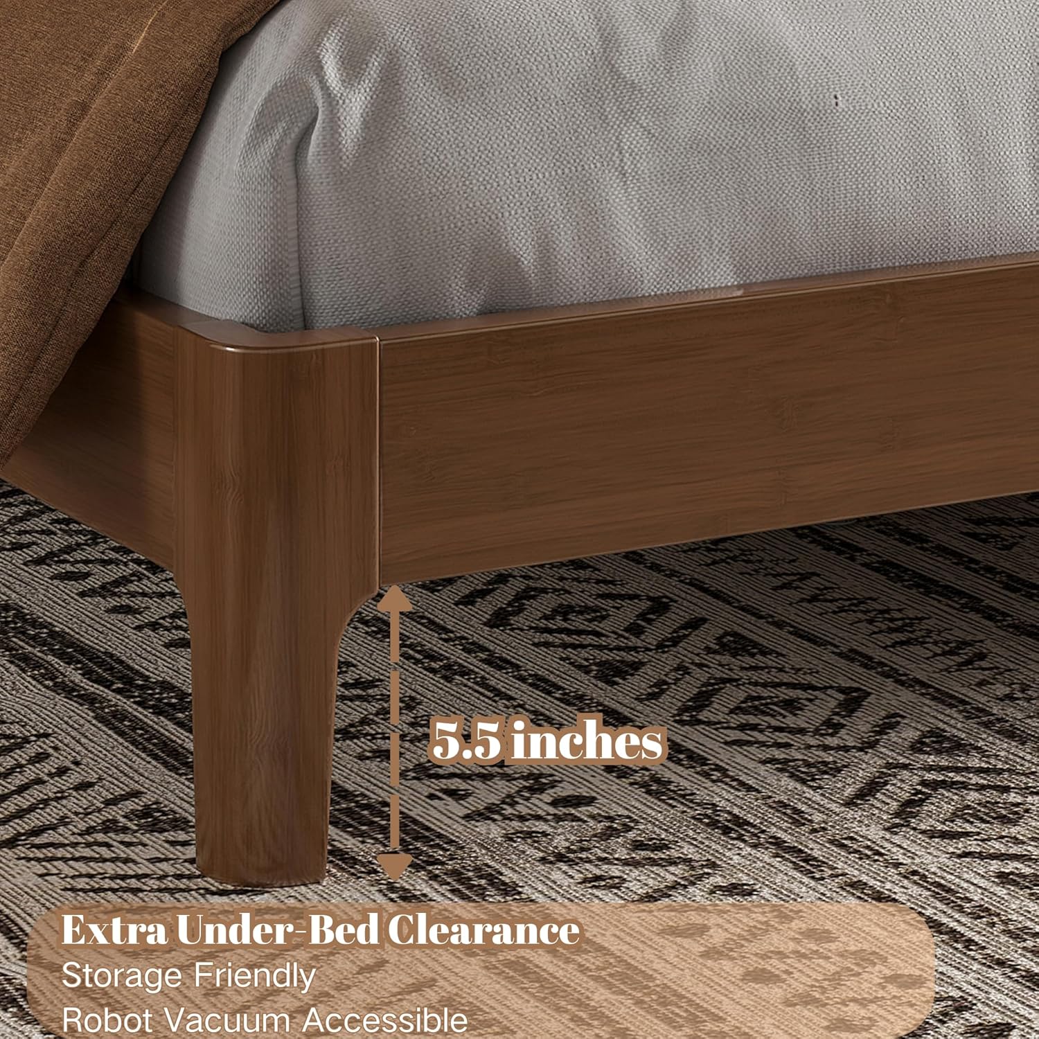 King Size Platform Bed with Bamboo-made Structure, Mid-century Style Bedframe with Chic Design Headboard, Sustainable Bed Frame King for Bedroom, No Box Spring Needed & Easy Assembly, Warm Brown