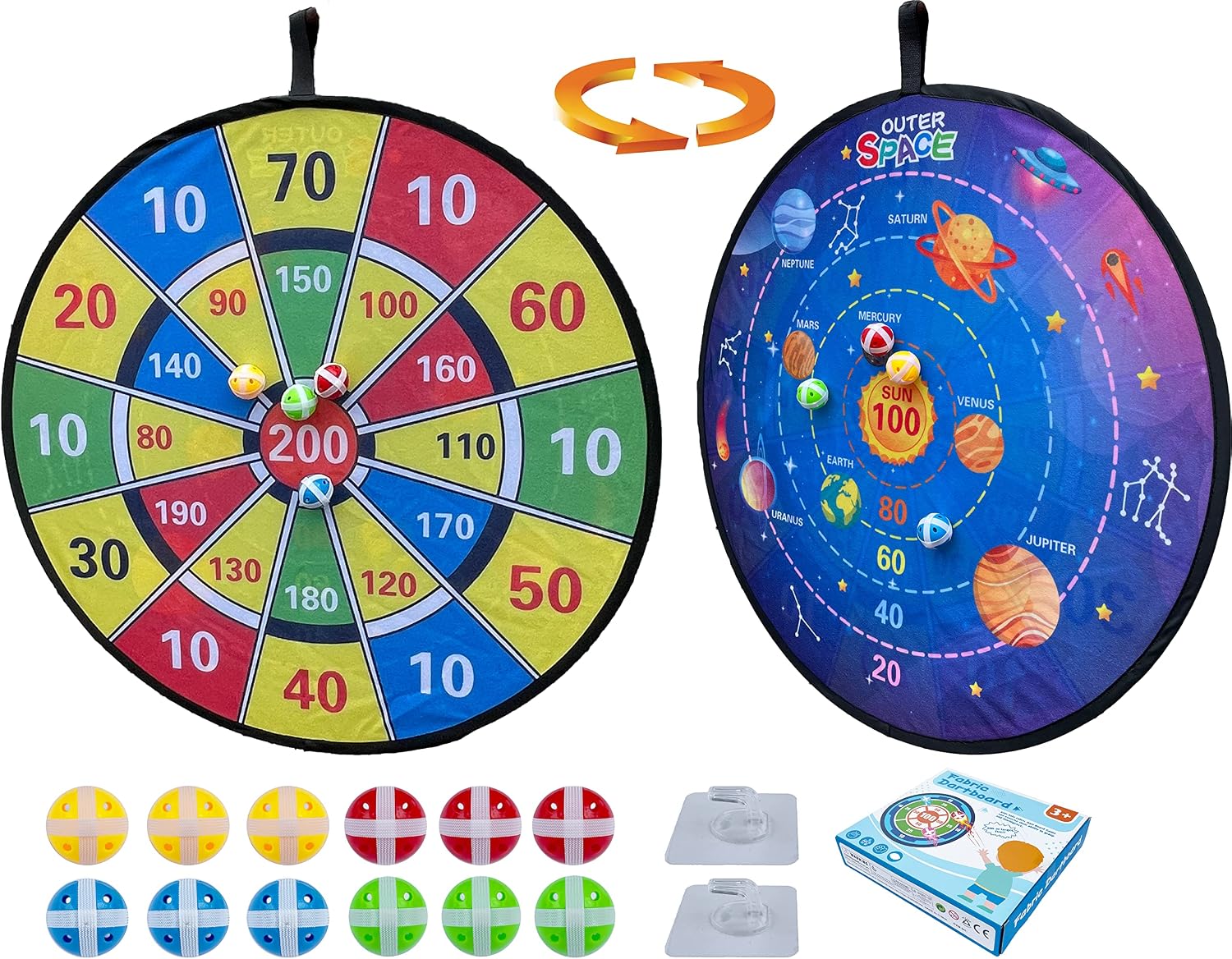 Children's Velcro Dartboard 72 cm / 28.3 inches, Double Sided Standard and Space 2 Options in 1, Safe and Fun Game, Foldable in Bag with 12 Throwing Balls and 2 Hooks for Easy Storage