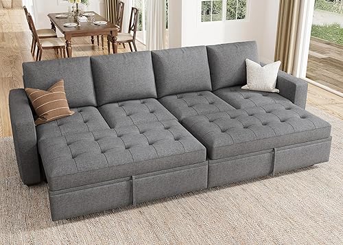 Miniatura 36 de HONBAY - Sofá seccional modular con cama desplegable, de terciopelo convertible en forma de L con asiento de almacenamiento, sofás seccionales