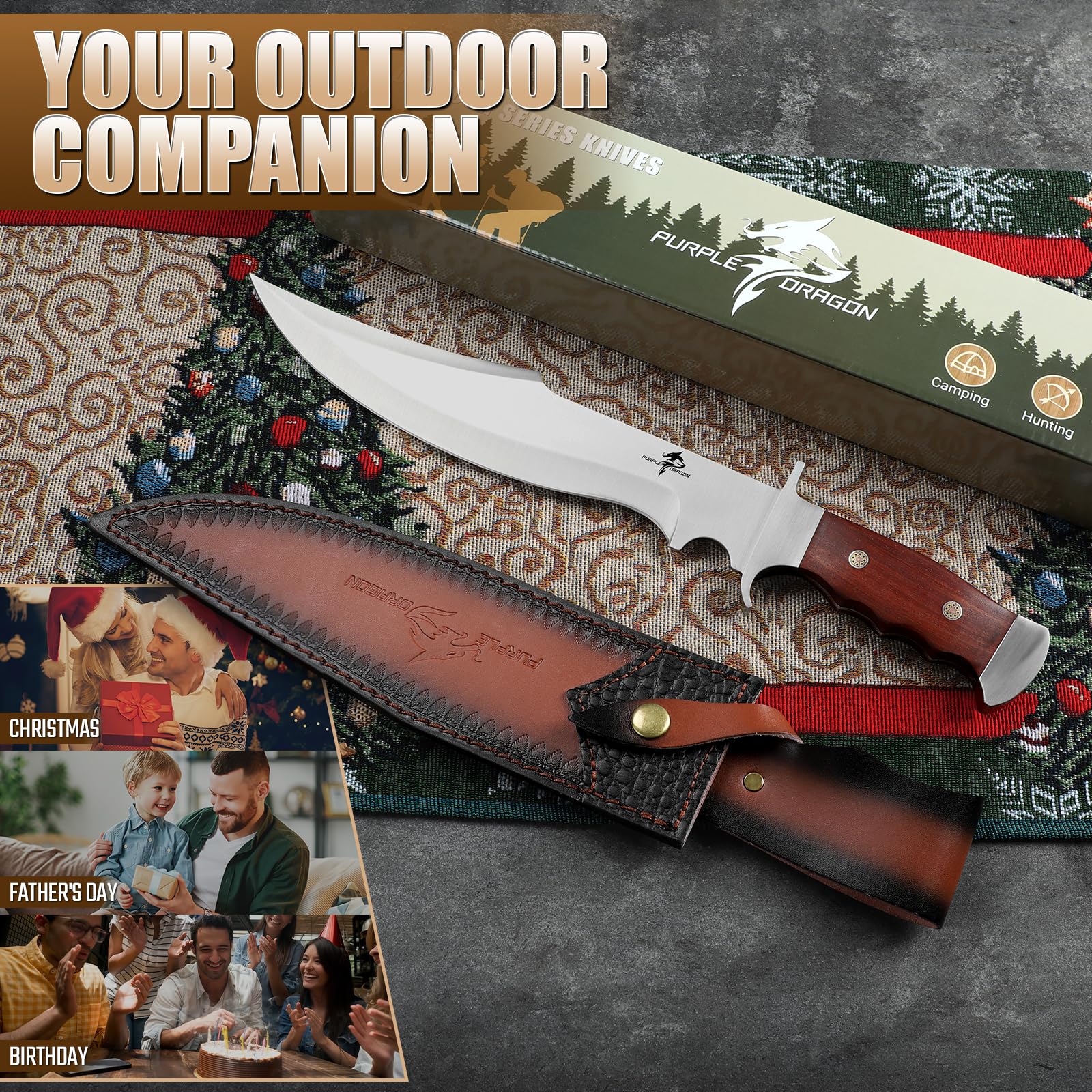 Purple Dragon Outdoor Survival Messer, Full Tang Scharfe Machete mit Holzgriff & Lederscheide, Vielseitiges Camping-Überlebenswerkzeug für Bushcraft & Wandern Geschenk für Männer