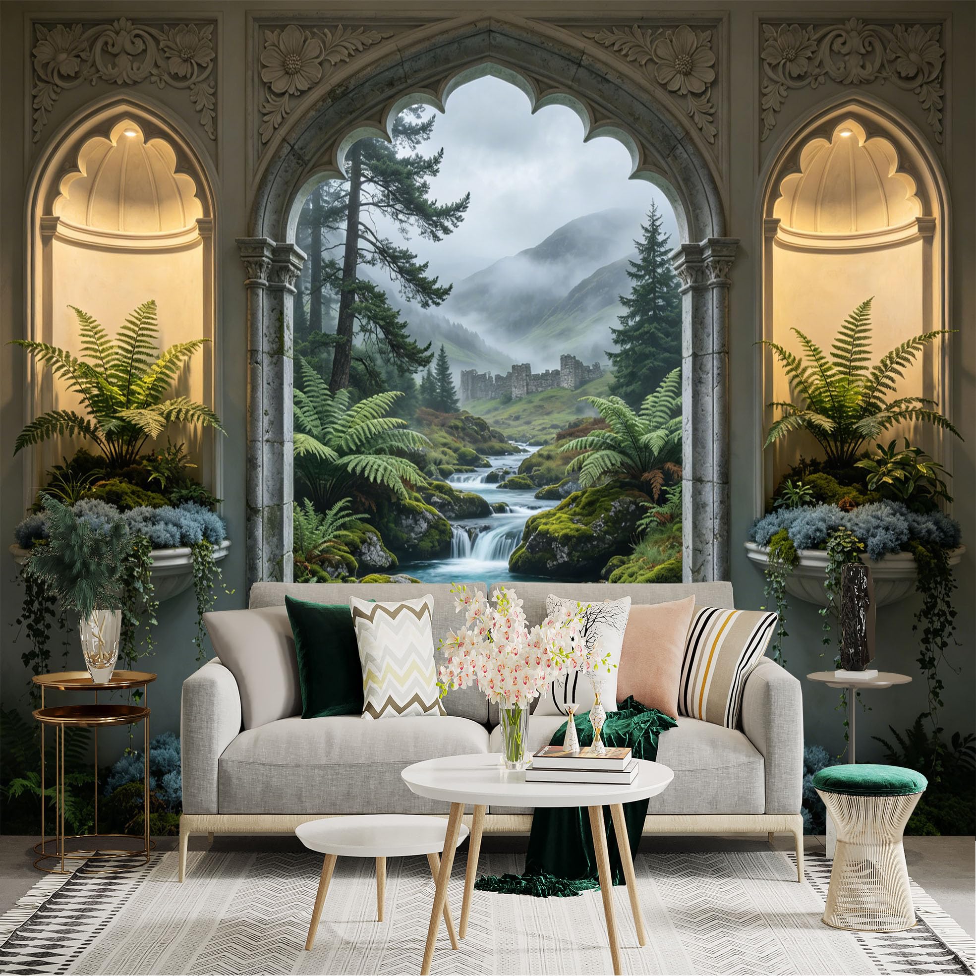 Lnzczhyre Dbh260521659 Custom Size Wall Sticker Mural， Enchanting Stone Archway， Lush Fern Forest， Flowing Mountain Stream， Ancient Ruin Scenery， For Wall Decoration， Peelandstick Wall Decals.