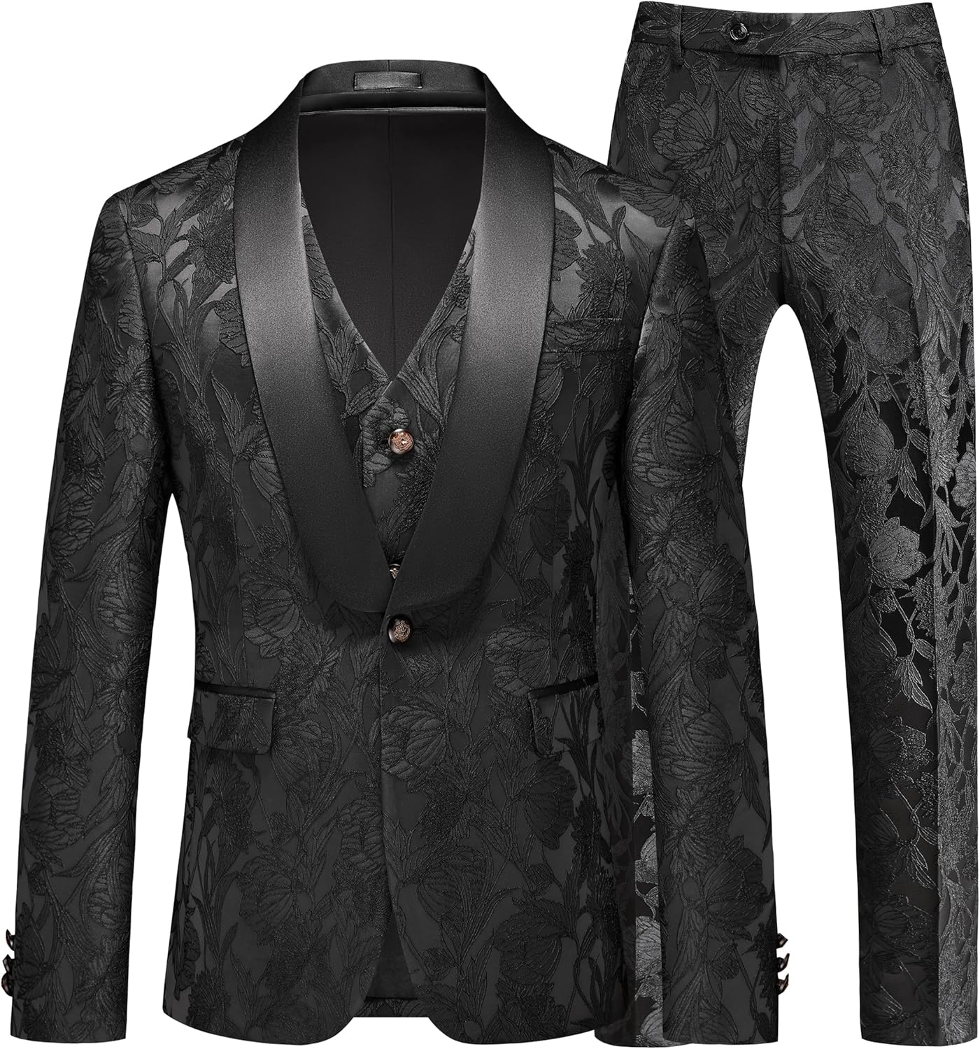 MOGU Mens 3 Piece Floral Suit Jacquard Dress Tuxedo Suit Set for Wedding Prom Jacket Vest Pants with Bow Tie