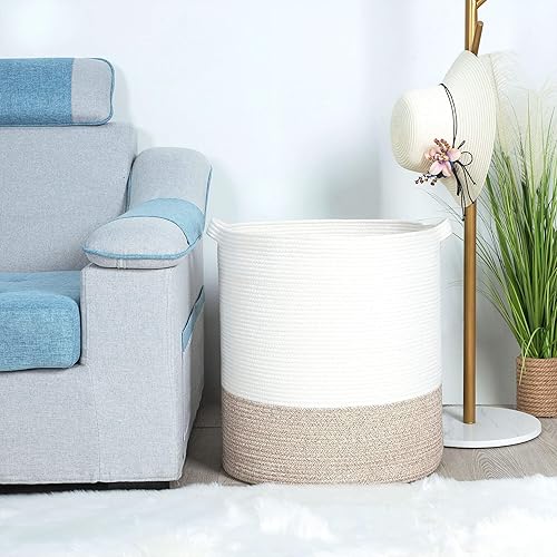 Miniatura 8 de MINTWOOD Design Cesta decorativa de cuerda de algodón tejida extra grande de 20 x 18 pulgadas, cesta alta para ropa sucia, cesta de manta para sala