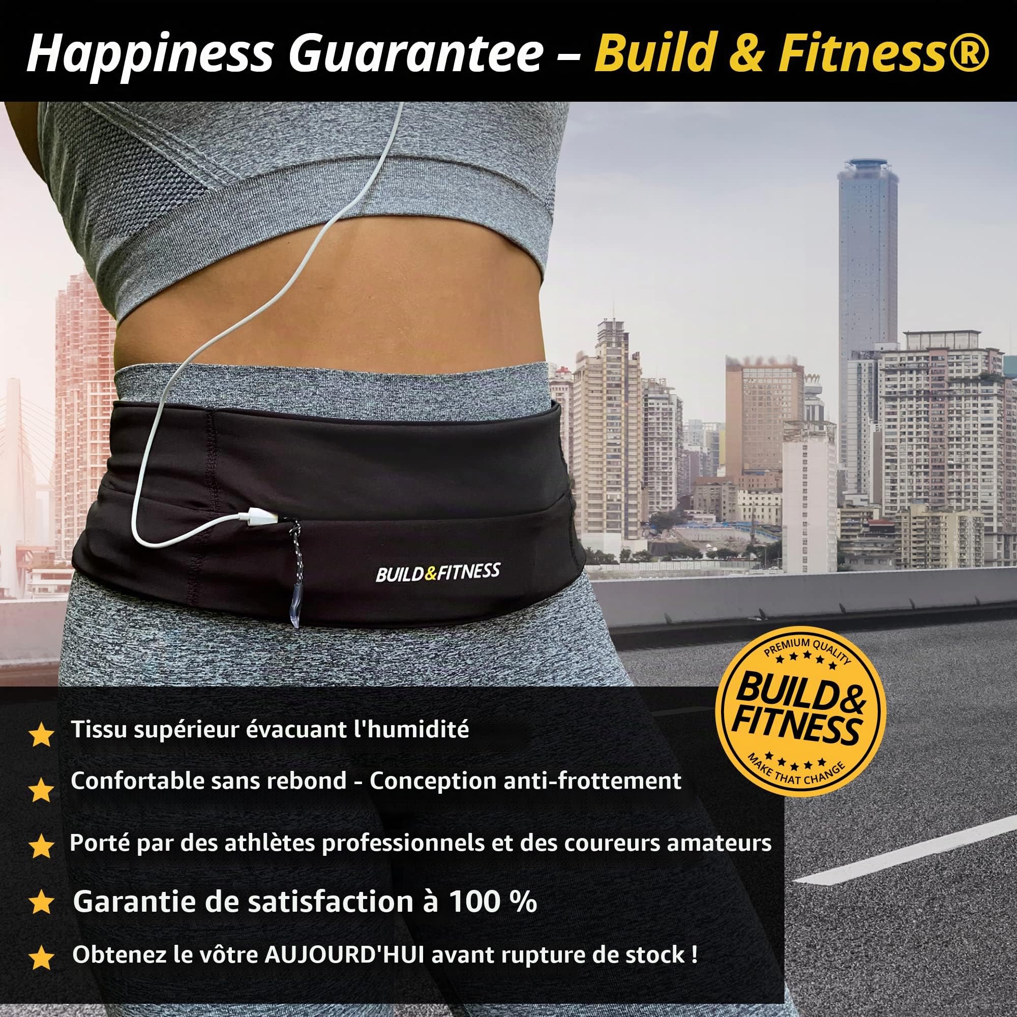 Build & Fitness Sac Banane – Taille Ajustable, Fermeture éclair YKK Pochette Smartphone – Convient à Tous Les Téléphones, Clés, Cartes, Airpods - Marche,Yoga, Ceinture Course A Pied Hommes et Femmes