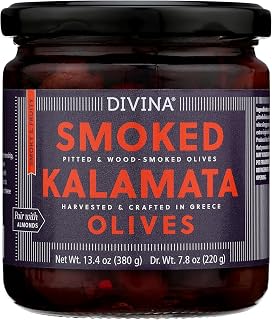Divina Smoked Pitted Kalamata Olives, 13.7 oz - Authentic Greek Olives Handpicked & Cured for Sweet Smoky Flavor