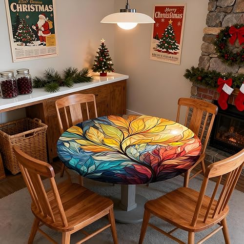 Vista 5 de Mantel redondo ajustable con borde elástico, mantel de hojas coloridas abstractas, impermeable, lavable, para mesas redondas, ideal para picnic