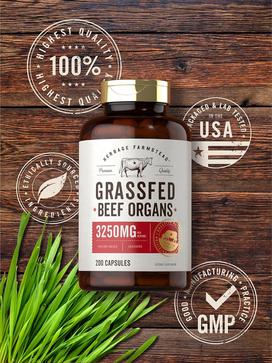 Grassfed Beef Organs Capsules 3250mg | 200 Count | Desiccated Liver, Kidney, Pancreas, Heart, Spleen Supplement | Non-GMO, Gluten Free | by Herbage Farmstead : Health & Household
