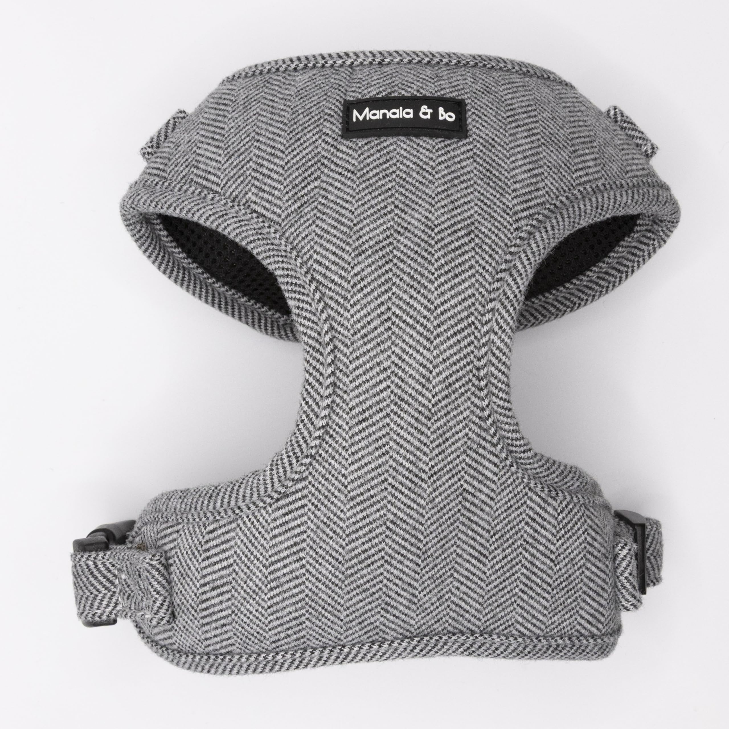 Premium Quality Adjustable Monochrome Herringbone Tweed Dog Harness Vest with Black Fastenings | Neck: 35-44cm, Chest: 41-54cm (Small, Harness Only)