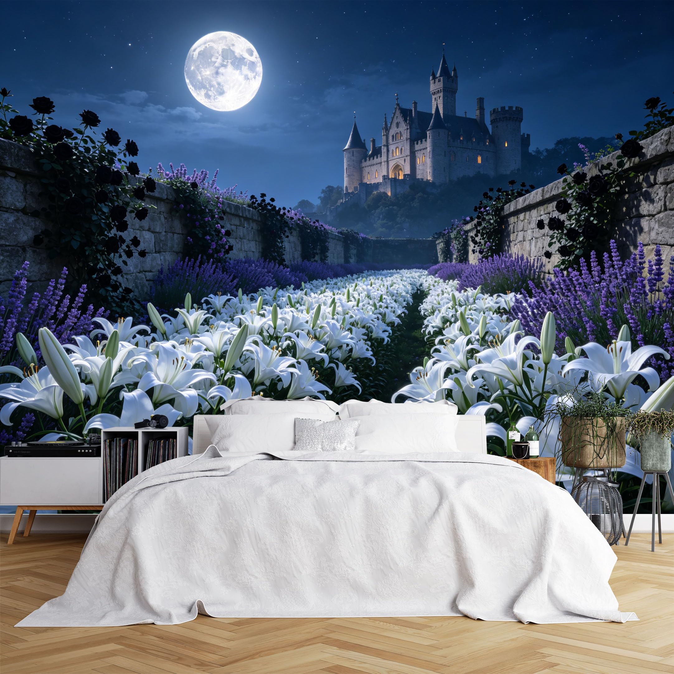 Lcythiazole Ch260615120 Custom Size Wall Murals Full Moon White Lily Lavender Castle Night View Wall Murals Vivid Scenery Wallpaper Home Decor Self-Adhesive Removable Wallpaper For Bedroom Hallway