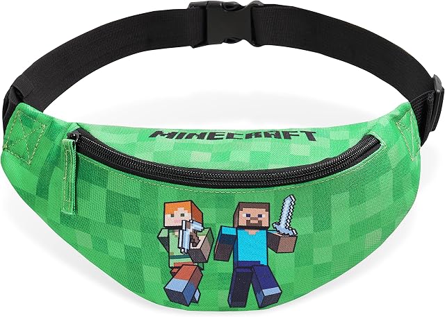 Minecraft Bum Bag for Boys, Children's Waist Bag, Green Fanny Pack with Adjustable Belt, Lightweight Waist Pack for Travel Sport School, Official Merchandise Gifts for Boys Teens
