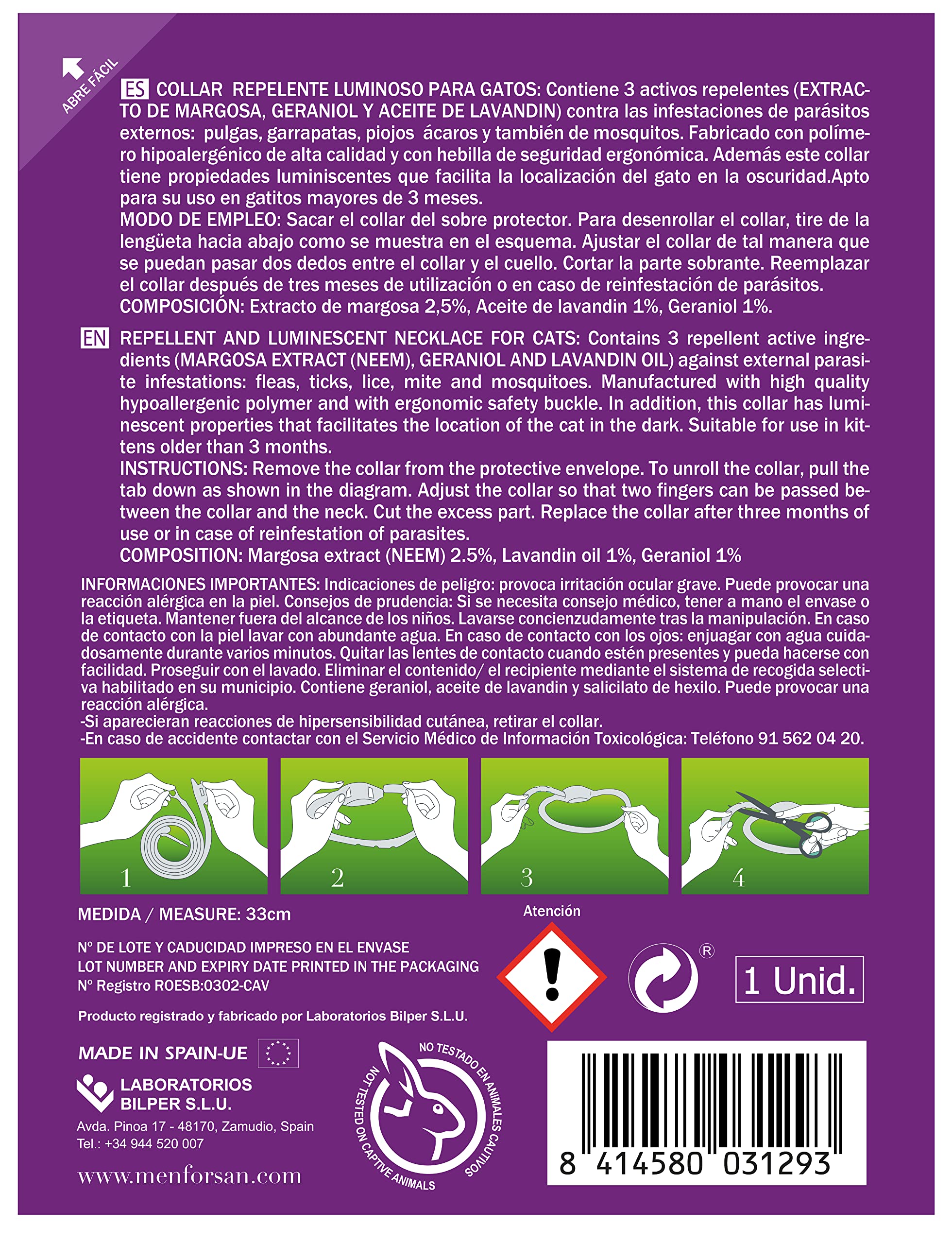 MENFORSAN Collar luminiscente Anti-Insectos para Gatos, con Tres repelentes Naturales Margosa, Geraniol y Lavandino, Cítrico, Verde, 30 cm