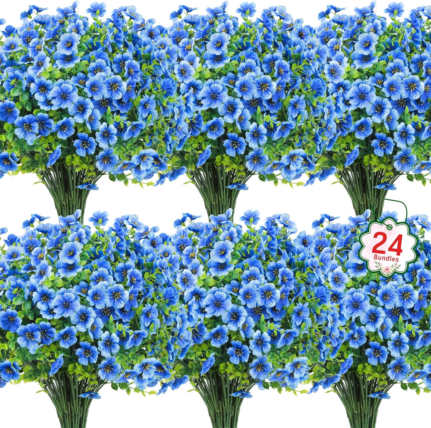 Ouddy Decor 24 Bundles Artificial Flowers for Outdoors Fake Silk Flowers UV Resistant Faux Plastic Plants for Spring Summer Garden Porch Window Box Table Vase Home Indoor Outdoor Decoration, Blue