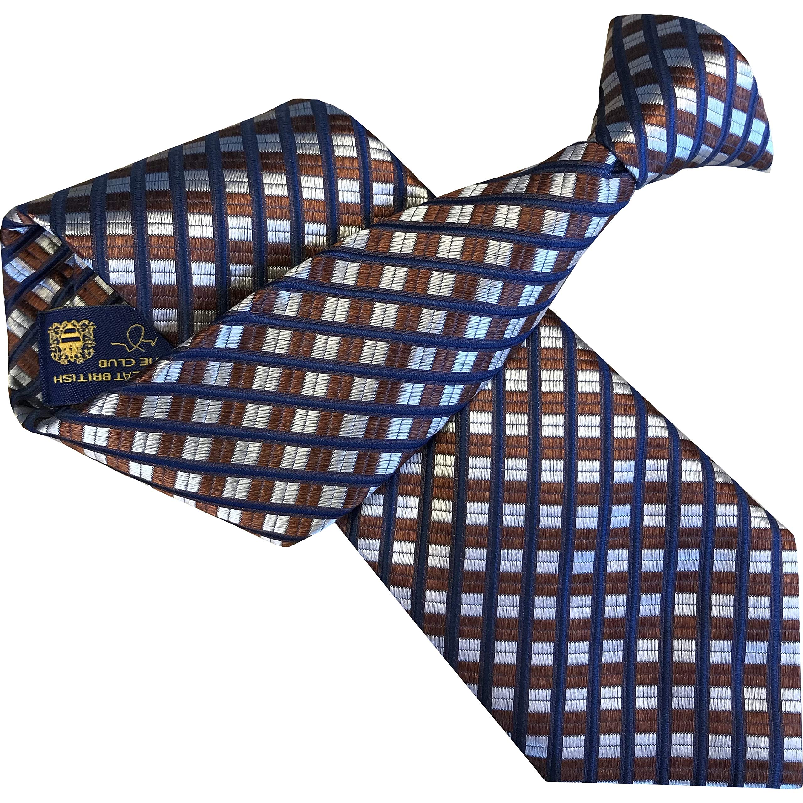 Men's 100% Silk Bronze Silver Navy Blue Check Clip On Neck Tie
