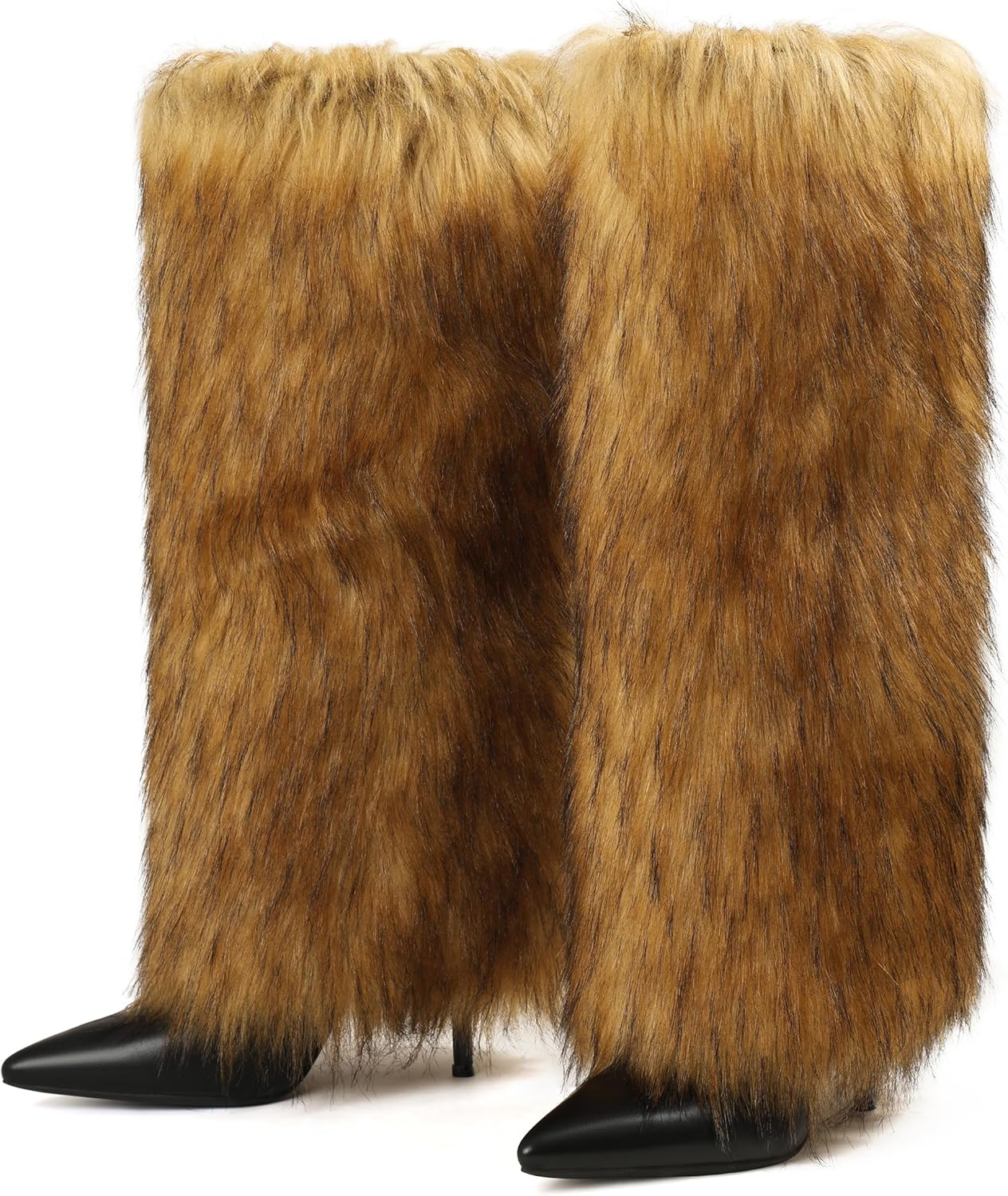 Kalstage Women Fur Knee High Boots Heels Wide Calf Fold Over Tall Boots for Party Evening Fashion Shows