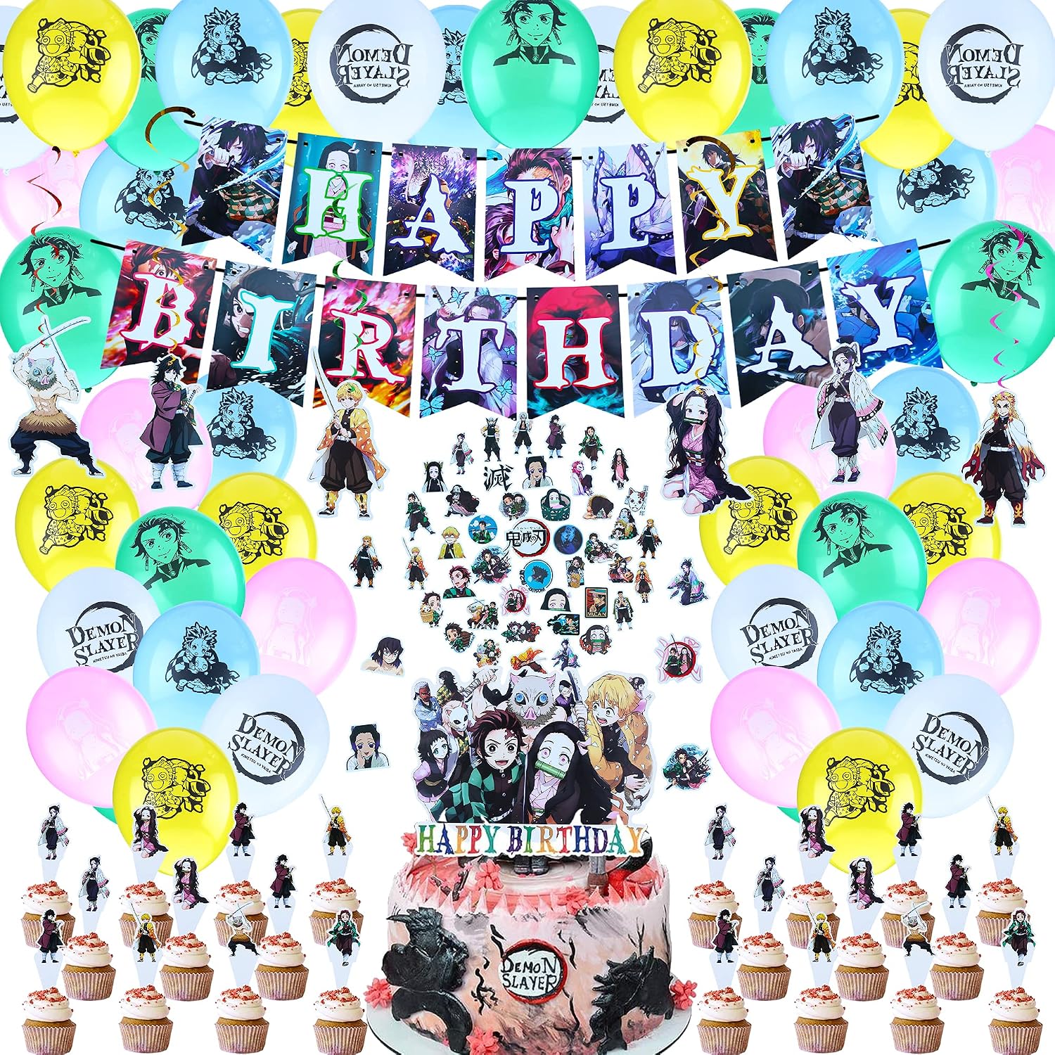 Buy 107 pcs Demon Slayer Birthday Decorations - Anime Decorations Included  1 Happy Birthday Banner, 1 Cake Topper, 24 Cupcake Toppers, 6 Spiral  Ornaments, 50 Stickers,25 Balloons Party Decorations Online at Lowest Price  in Italy. B09BQ4GJCB