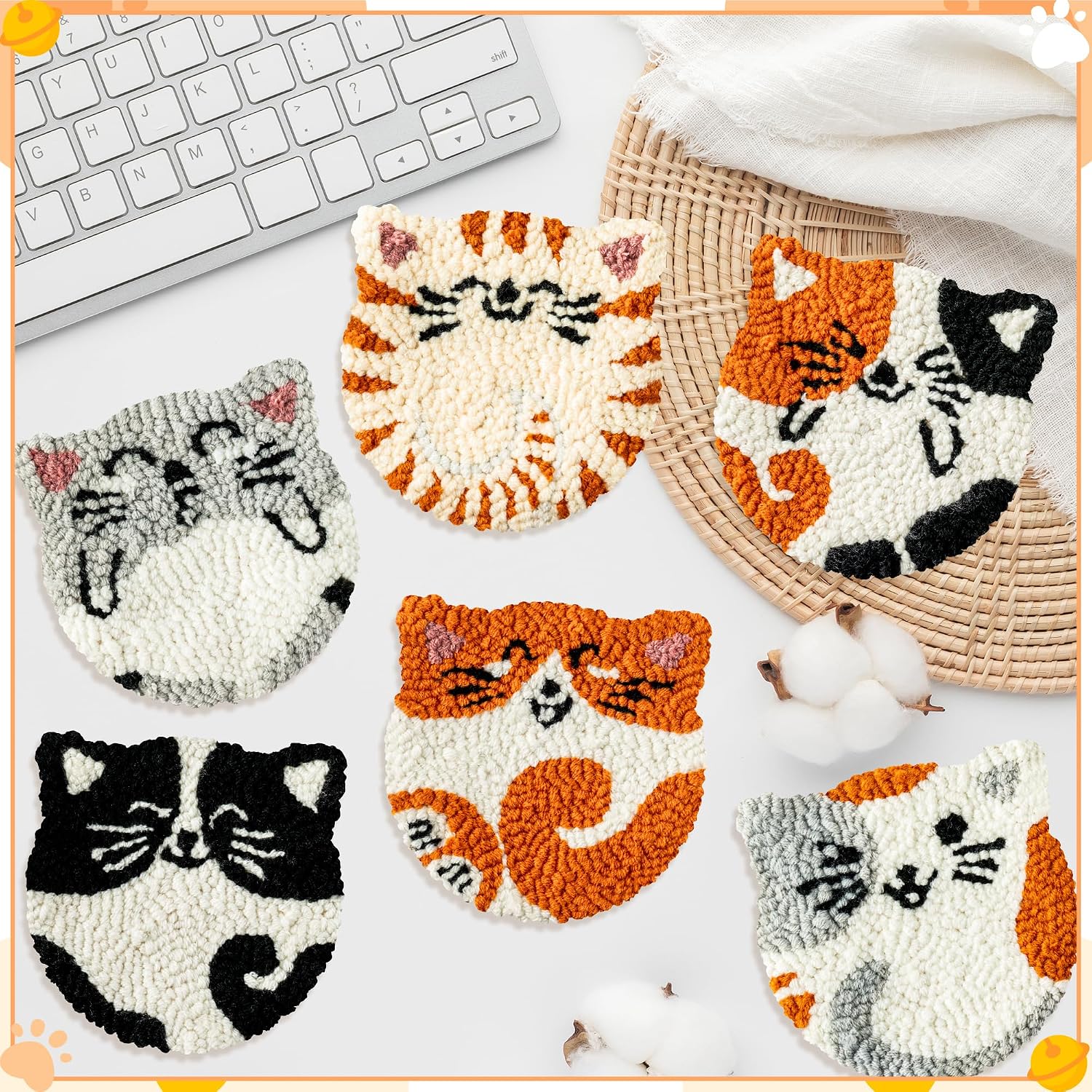 WATINC Cats Punch Needle Coaster Kit - 22Pcs Easy Art Work Decor Craft Supply for Beginners, DIY Set of 6 Puppy Pets Pattern Tufted Rug Pads with Adhesive Felt Yarns Embroidery Hoop Tools Instruction