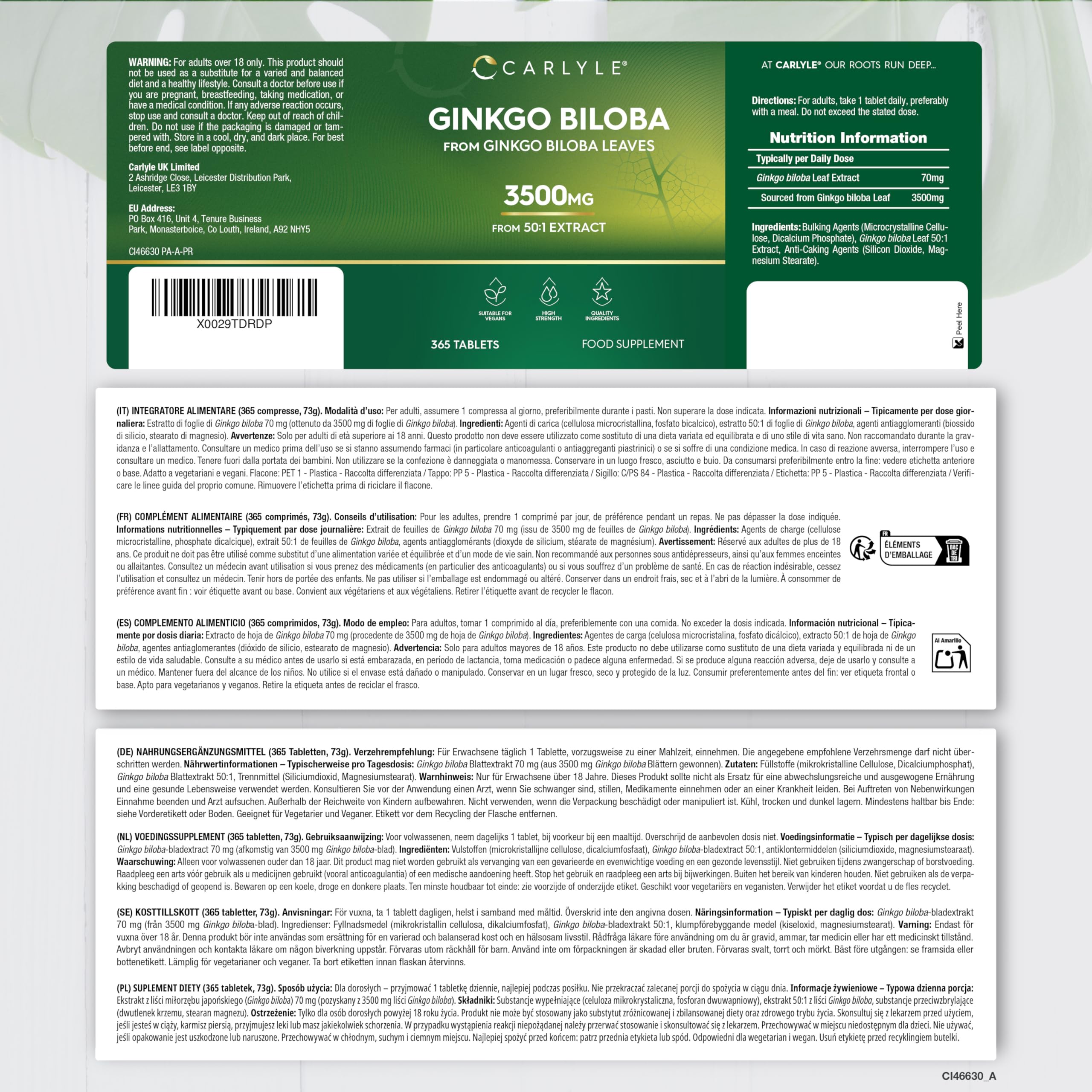 Ginkgo Biloba 3500mg | 365 Compresse | Capsule di estratto di Ginkgo | Fornitura per 1 anno | Alto Dossagio | Carlyle