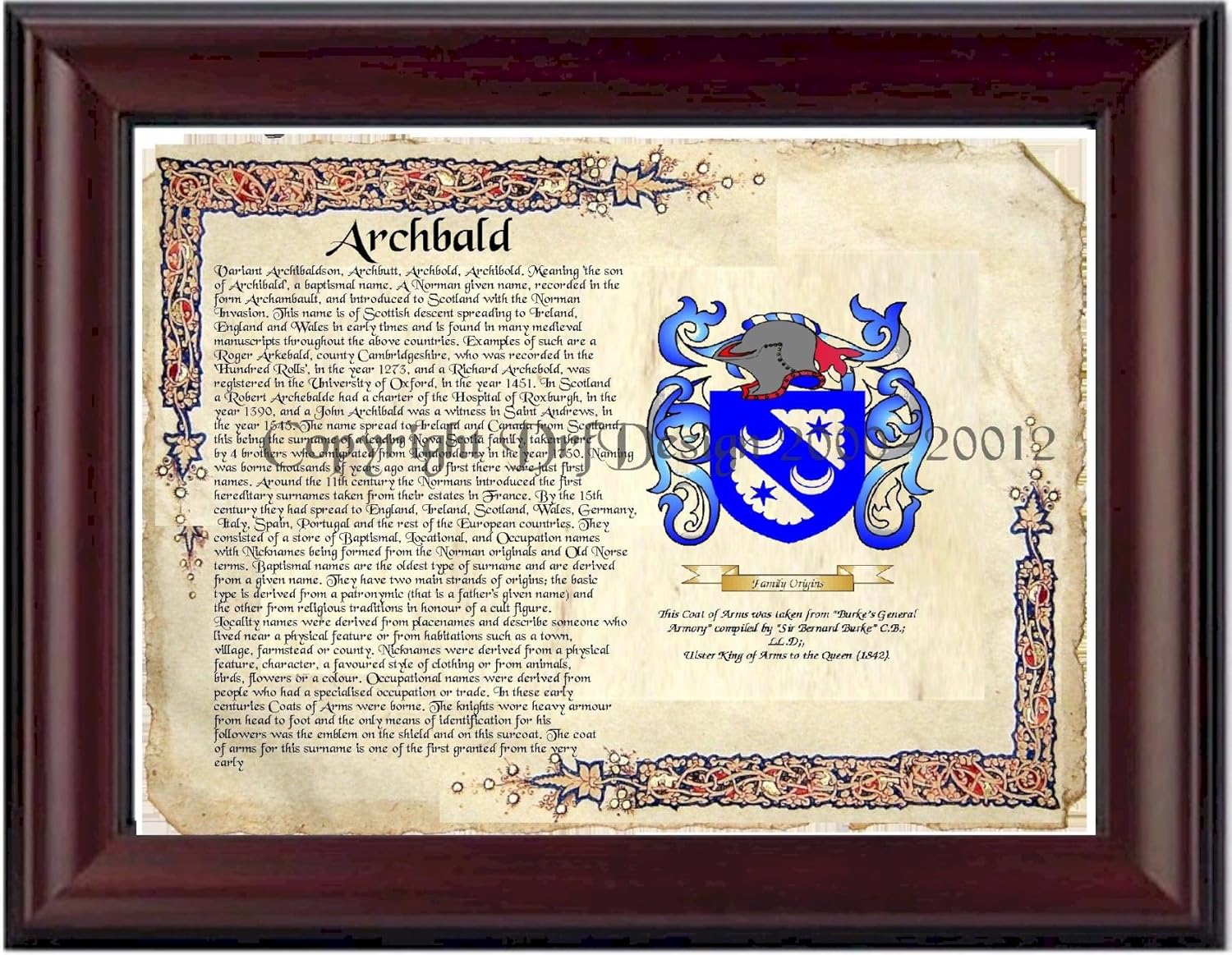 Archbald Coat of Arms/ Family History 11" x 13 " Wood