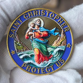 Saint Christopher Challenge Coin - Patron Saint of Travelers Protection Medal with Prayer for Safe Journey, Religious Travel Gift, 1.57 inches