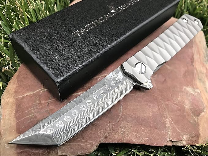 TACTICAL GEARZ Damascus Pocket Knife for EDC! Solid Tc4