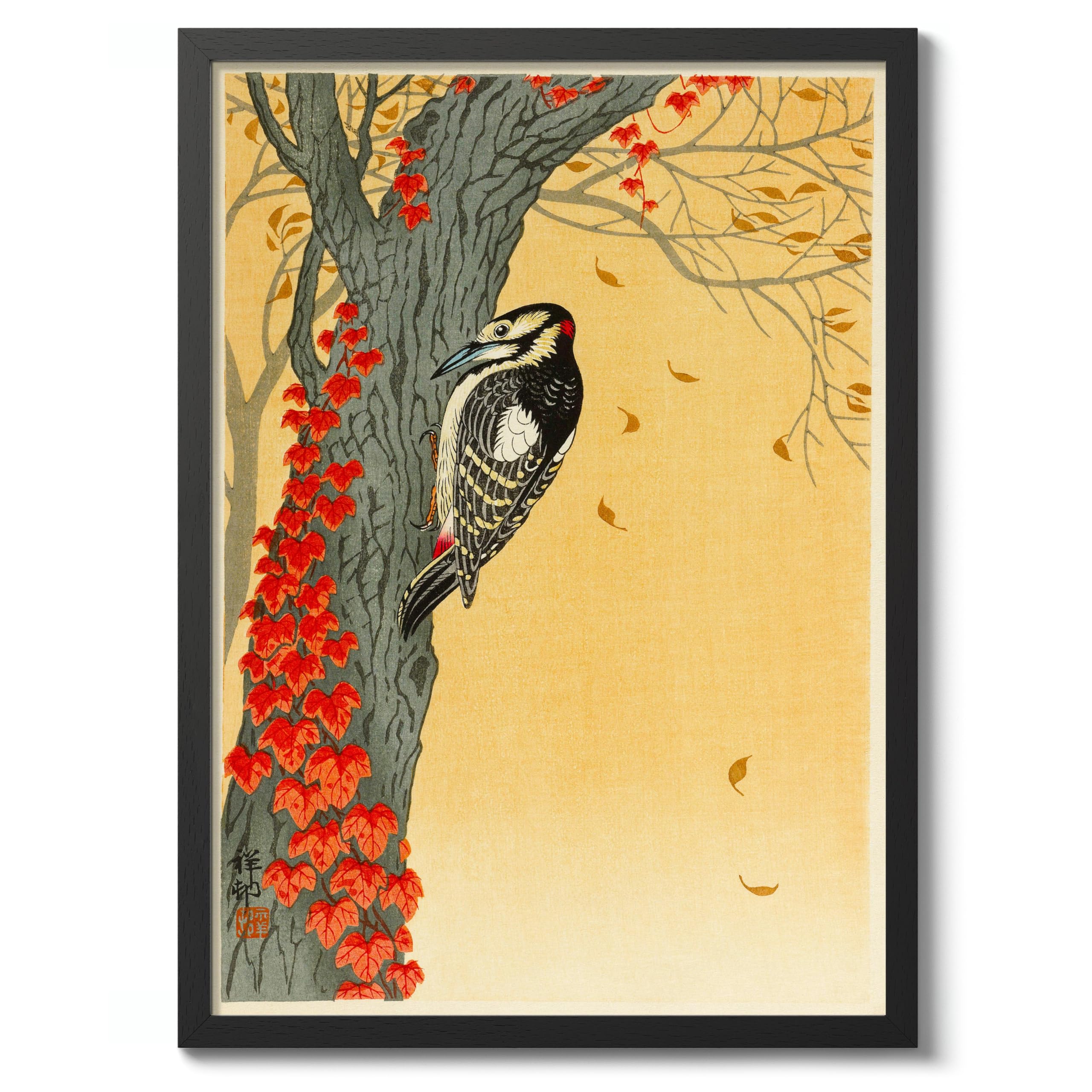 Great Spotted Woodpecker Ohara Koson Poster, Japanese Woodblock Ukiyo-E Print, Vintage Bird Art Picture Animal Painting Wall Art Exhibition, Japan Birds Home Decor, A3 (Black Frame) - 45x32.8cm โ image 1