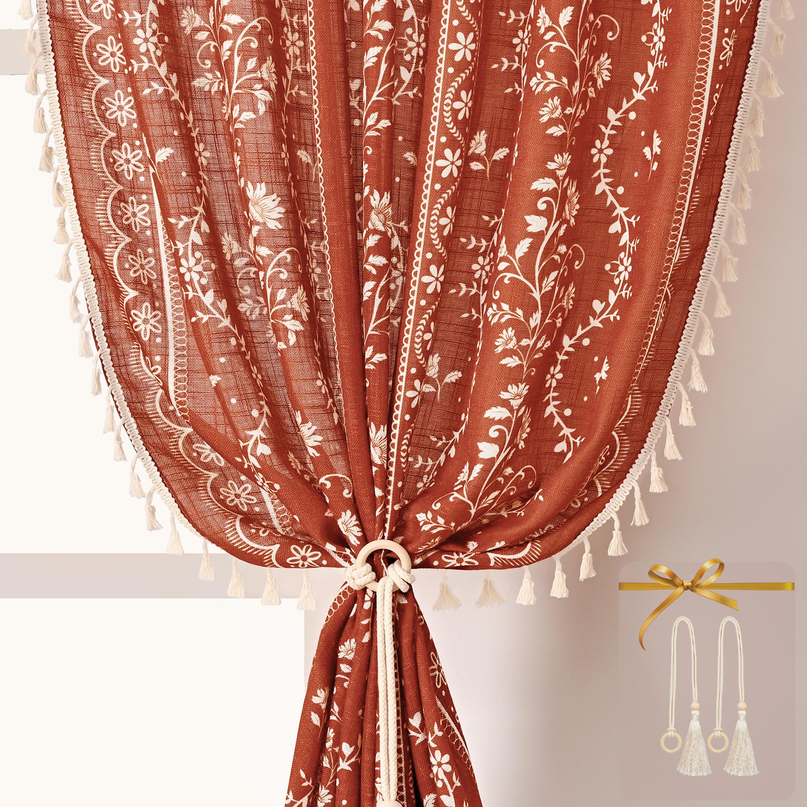 Yinhua Boho Curtains for Living Room 84 Inch Length Vintage Linen Burnt Orange Curtains Light Filtering Floral Window Curtain Rod Pocket &amp; Back Tabs Farmhouse Tassel Terracotta Drapes with Tiebacks