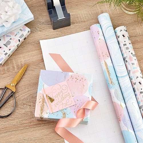 Miniatura 3 de Hallmark Paquete de papel de regalo pastel con líneas de corte en el reverso (6 rollos 130 pies cuadrados en total) rosa, dorado, azul para